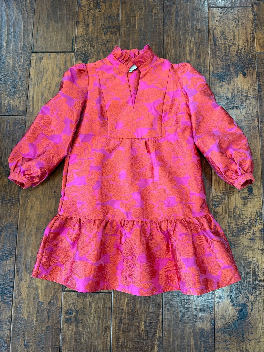 Tuckernuck Palmerston Red Pink Fil Coupe Ruffle Neck Mini Dress Small